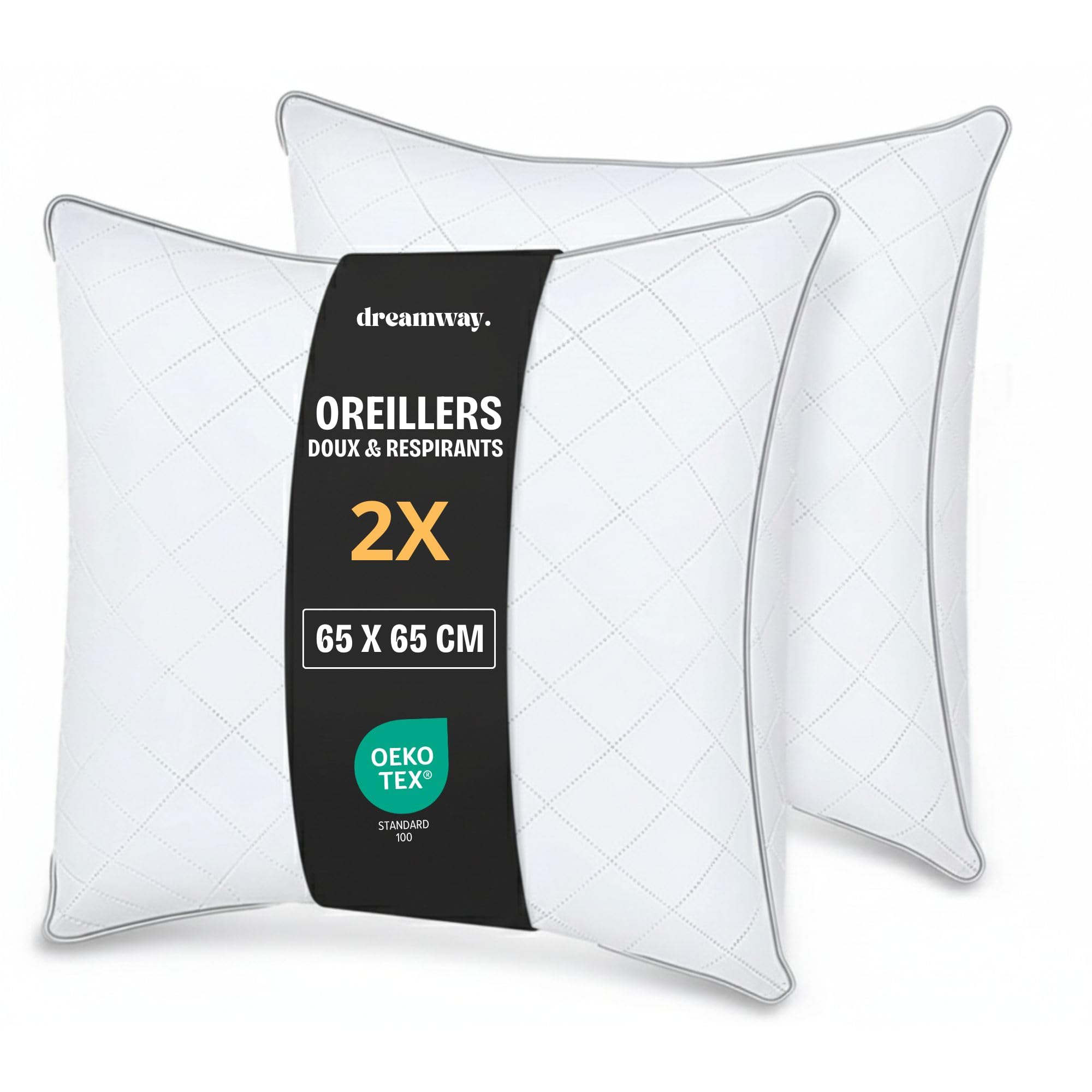 DREAMWAY Oreiller 65x65 cm Lot de 2 Oreillers carrés | Qualité Hôtelière, Respirant et Hypoallergénique, Certifié Oeko-Tex, Indéformable, Adapté à Toutes Les positions de Sommeil