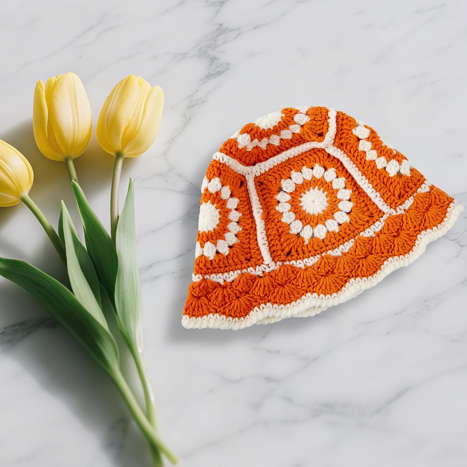 Crochet Bucket Hat for Women, Handmade Knitted Crochet Hats Breathable Foldable, Bucket Hat with Floral Knitted