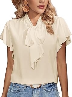 Blusa de trabajo retro vintage de manga corta con volantes y lazo para mujer