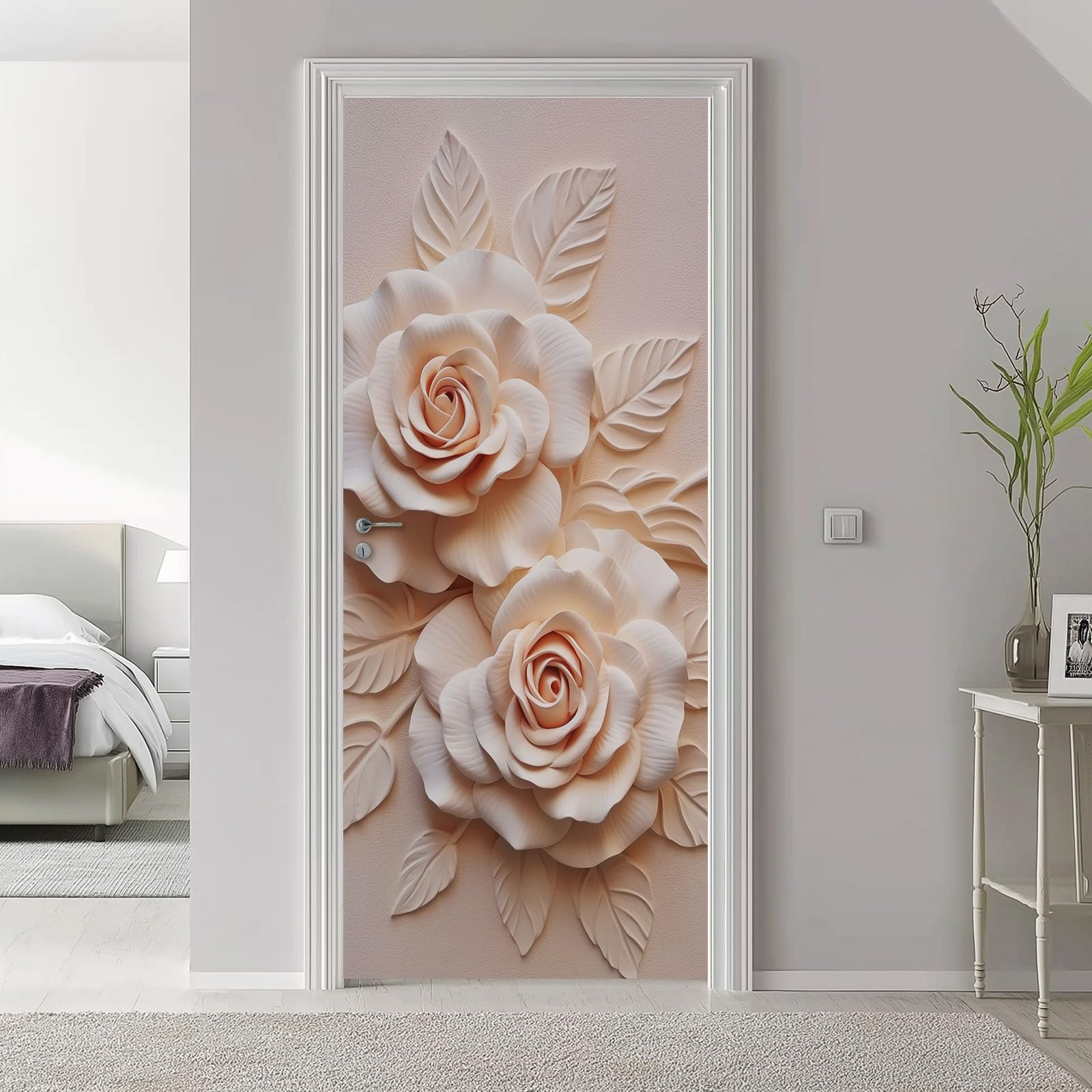Flores Pegatinas para Puerta, Plantas 3D en relieve de Rosas, Resistente al Agua Lámina Autoadhesiva Fotomural, Beige PVC Extraíble Póster Puerta para Dormitorio Baño, 95 x 215 cm