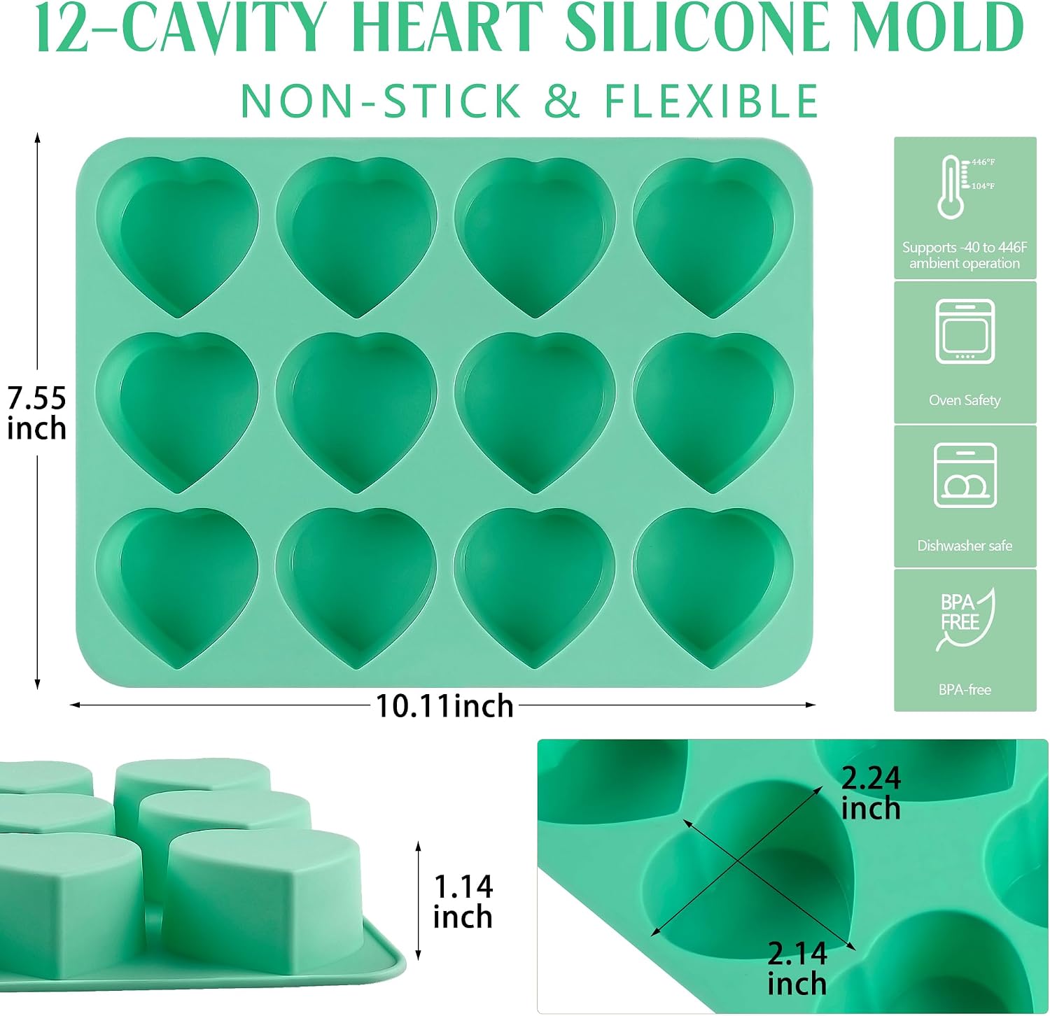 Zorazio 12-Cavity Heart Silicone Muffin Pan,2Pack Valentine's Day Non-Stick Heart Shaped Silicone Molds for Muffin Cake,Chocolate,Pudding,Candy,Jelly,Handmade Soap (12Cavity)