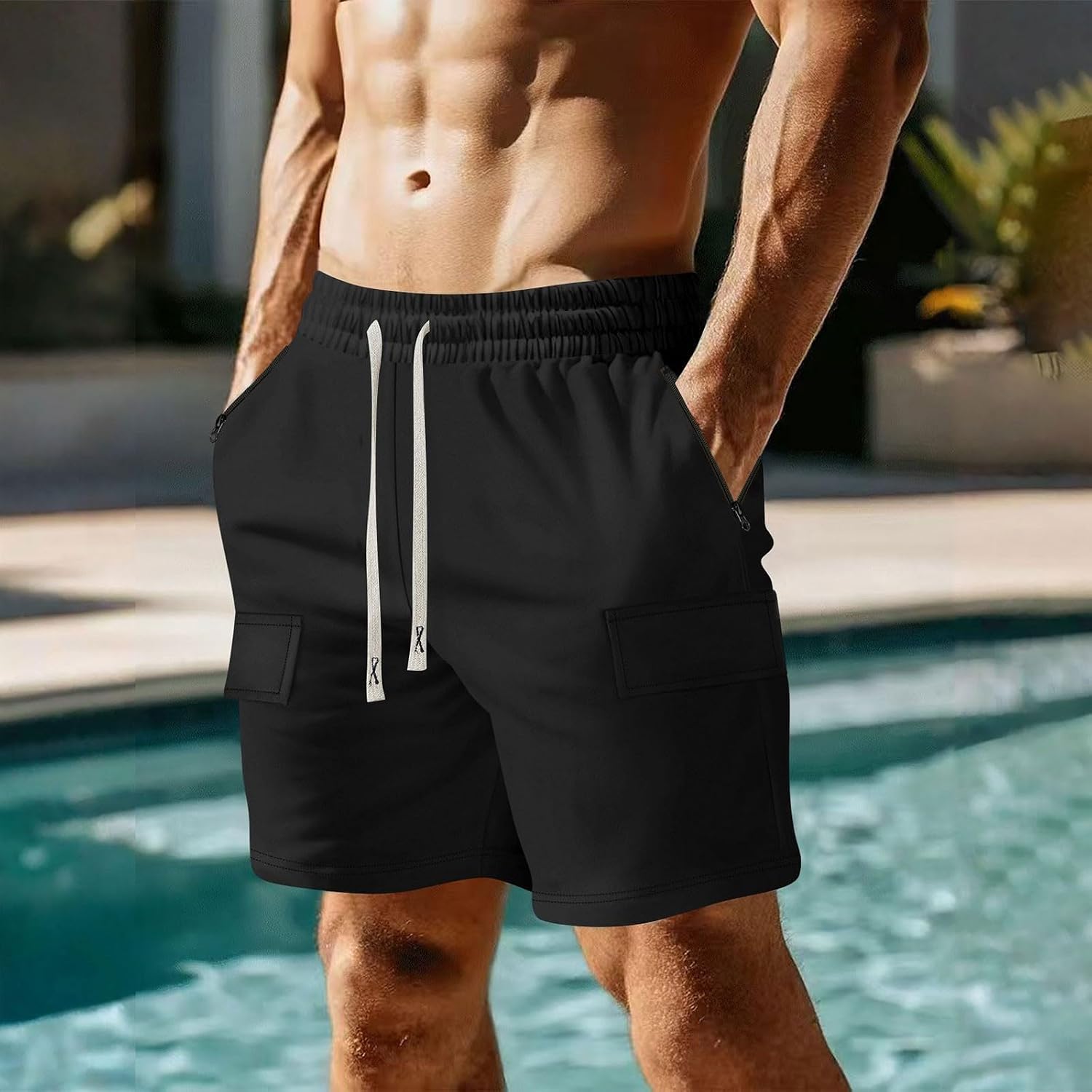 Men's Shorts Cargo Lightweight Elastic Waist Drawstring Workout Stretch Shorts with Zip Pockets, S-2XL