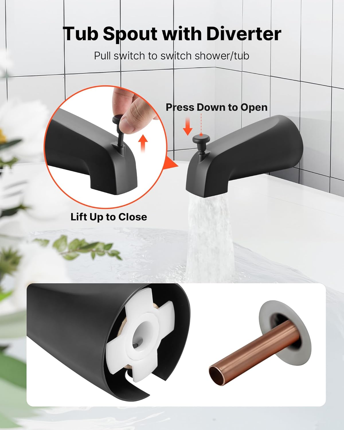 VEVOR Tub and Shower Faucet Set, 5-Inch Rainfall Shower Head and Bathtub Spout, Complete Single-Handle Tub Trim Kit with Brass Pressure Balancing Valve, 8-Setting Adjustable Spray Modes, Matte Black