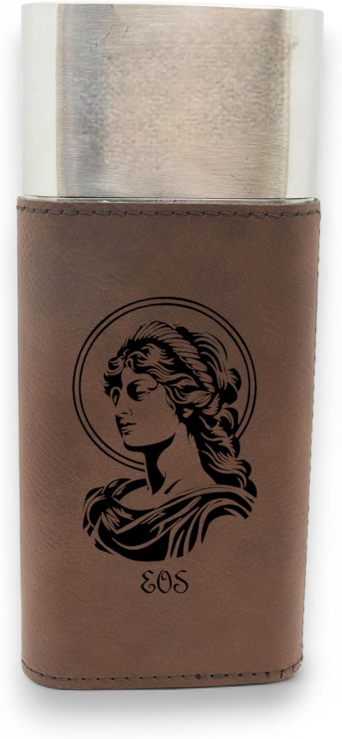 Hip Flask Plus Cigar Case with Cutter - Eos Goddess of Dawn - Leather (Dark Brown/Black)