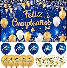 Large Spanish Happy Birthday Banner + 15 Balloons, Blue Gold Decoration, Backdrop Banner, Party Banner