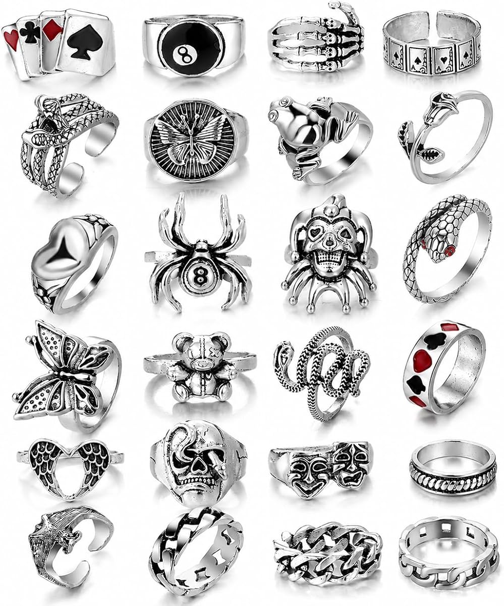 KISS WIFE Juego de anillos góticos para mujer, anillos punk para nudillos en tono plateado antiguo | Conjunto de anillos vintage con diseños de calavera, serpiente, araña, mariposa y póquer para apilar, nudillos y uso llamativo.