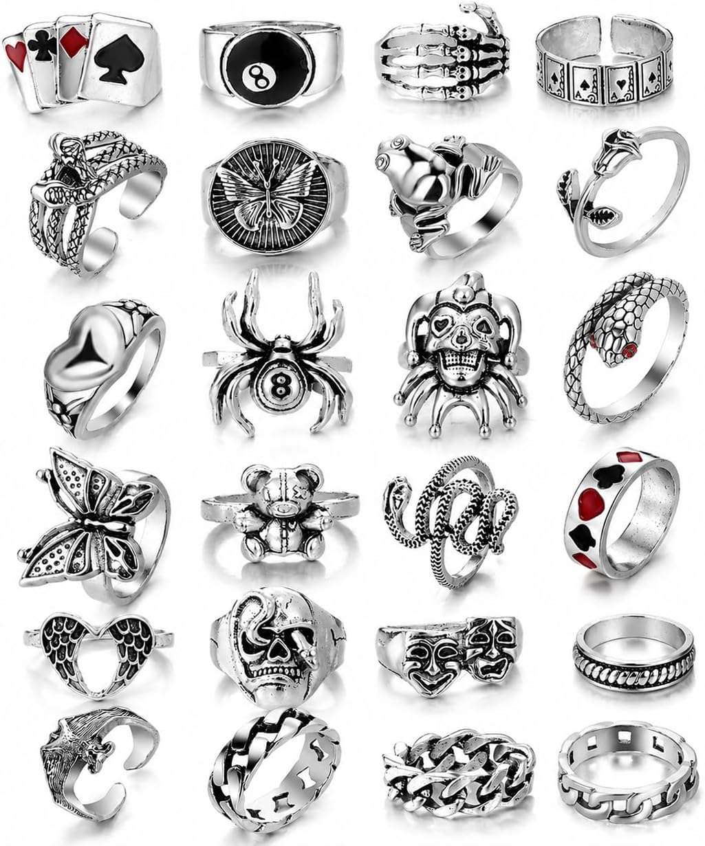 KISS WIFE Cool Rings Set for Women, Vintage Silver Punk Rings Bulk, Gothic Chunky Knuckle Emo Stackable Finger Ring Pack Western Jewelry Gift for Her