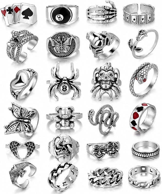 KISS WIFE Juego de anillos góticos para mujer, anillos punk para nudillos en tono plateado antiguo | Conjunto de anillos vintage con diseños de calavera, serpiente, araña, mariposa y póquer para apilar, nudillos y uso llamativo.