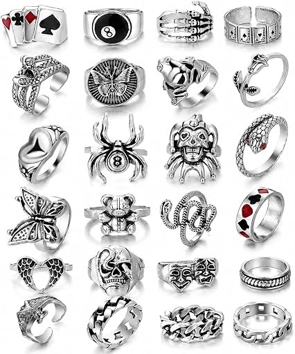 KISS WIFE Gothic Ring Set for Women, Antique Silver Tone Punk Knuckle Rings
