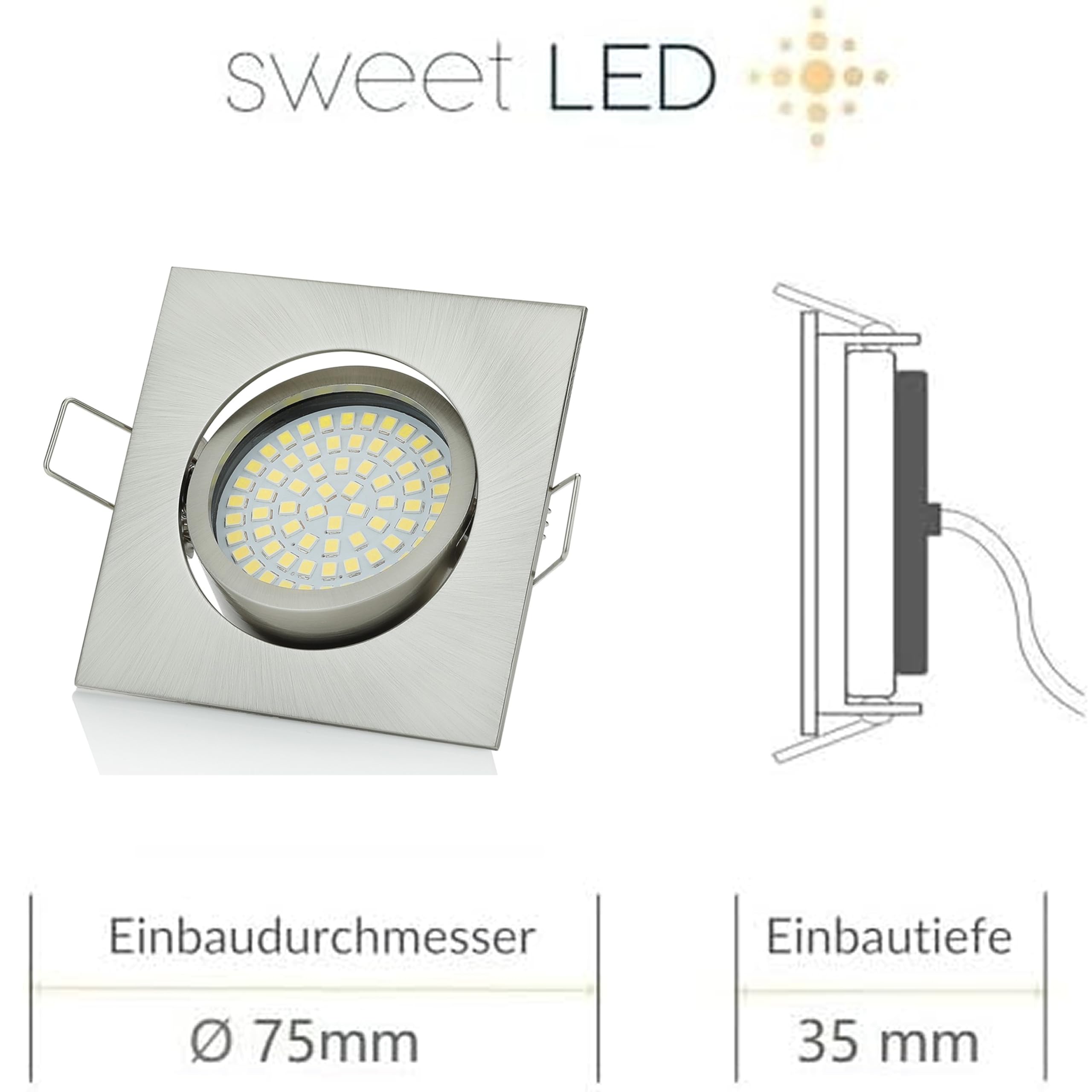 Sweet-led®, set di 6 faretti LED regolabili da incasso, 230 V, 5 W, orientabili, rotondi, cromo spazzolato, 400 lumen, 3000 K, a luce bianca calda moderno Eckig, Chrom Gebürstet, Kaltweiß