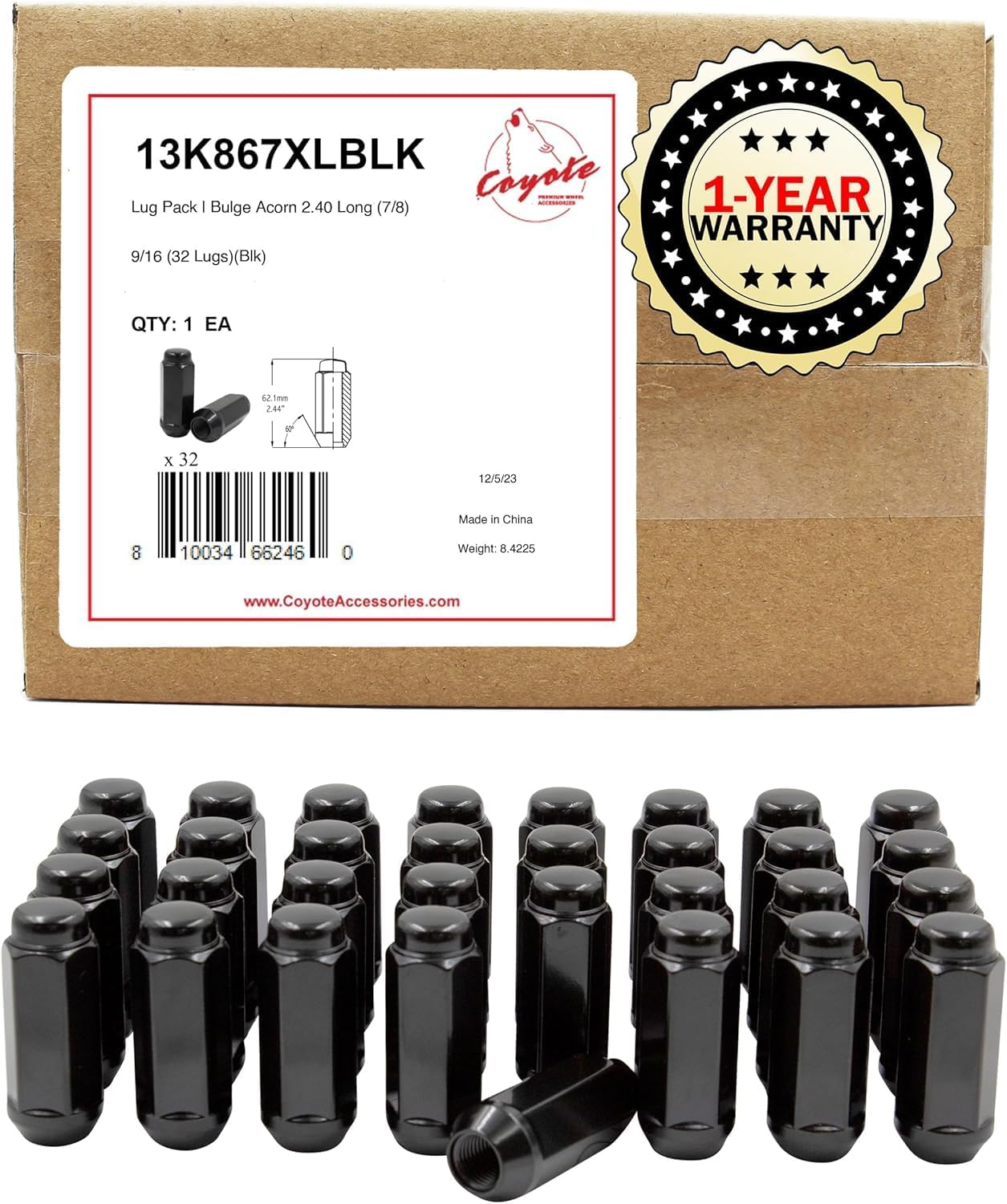 Wheel Accessories Parts 32 Pcs 9/16"-18 Thread Bulge Acorn 2.40" Long Lug Nuts Black 22mm 7/8" Hex Fits Chevrolet GMC C20 K20 K30 K35 C2500 C3500 ｜ Ram 2500 3500 ｜ Dodge RAM 150 Mega Cab ｜
