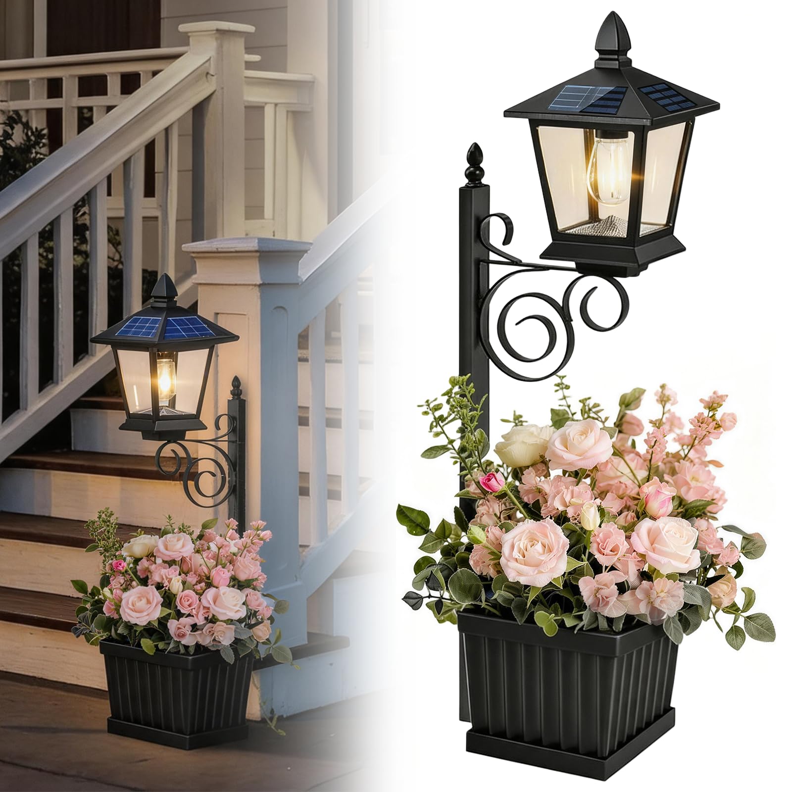 Solar Lamp Post Outdoor Garden, 2-in-1 Solar Garden Lamp Post with Planter, Metal Pole, Auto On/Off, Wall Mount/Standing Solar Planter Lights IP65 Waterproof, Decorative Lamp for Garden, Patio, Porch