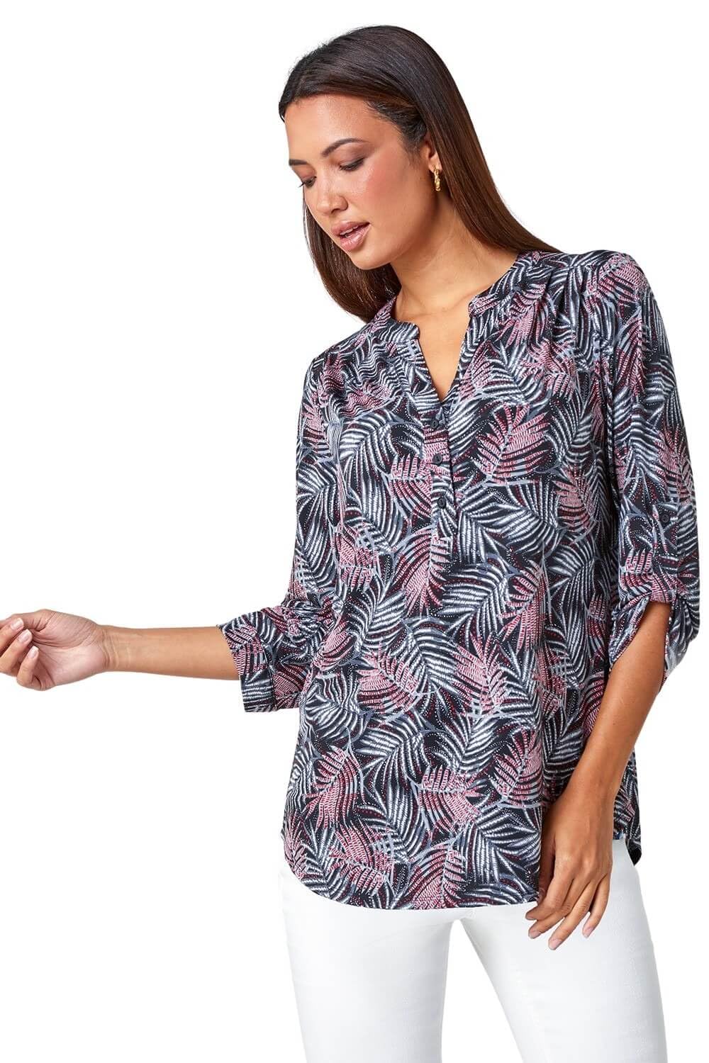 Roman Originals Women's Red Grey Roman Shirt For Uk Top Collarless Blouse Stretchy Tunic Smart Casual Autumn Winter Jersey 3/4 Length Sleeve Notch V Neck Flattering Office Work - Size 12