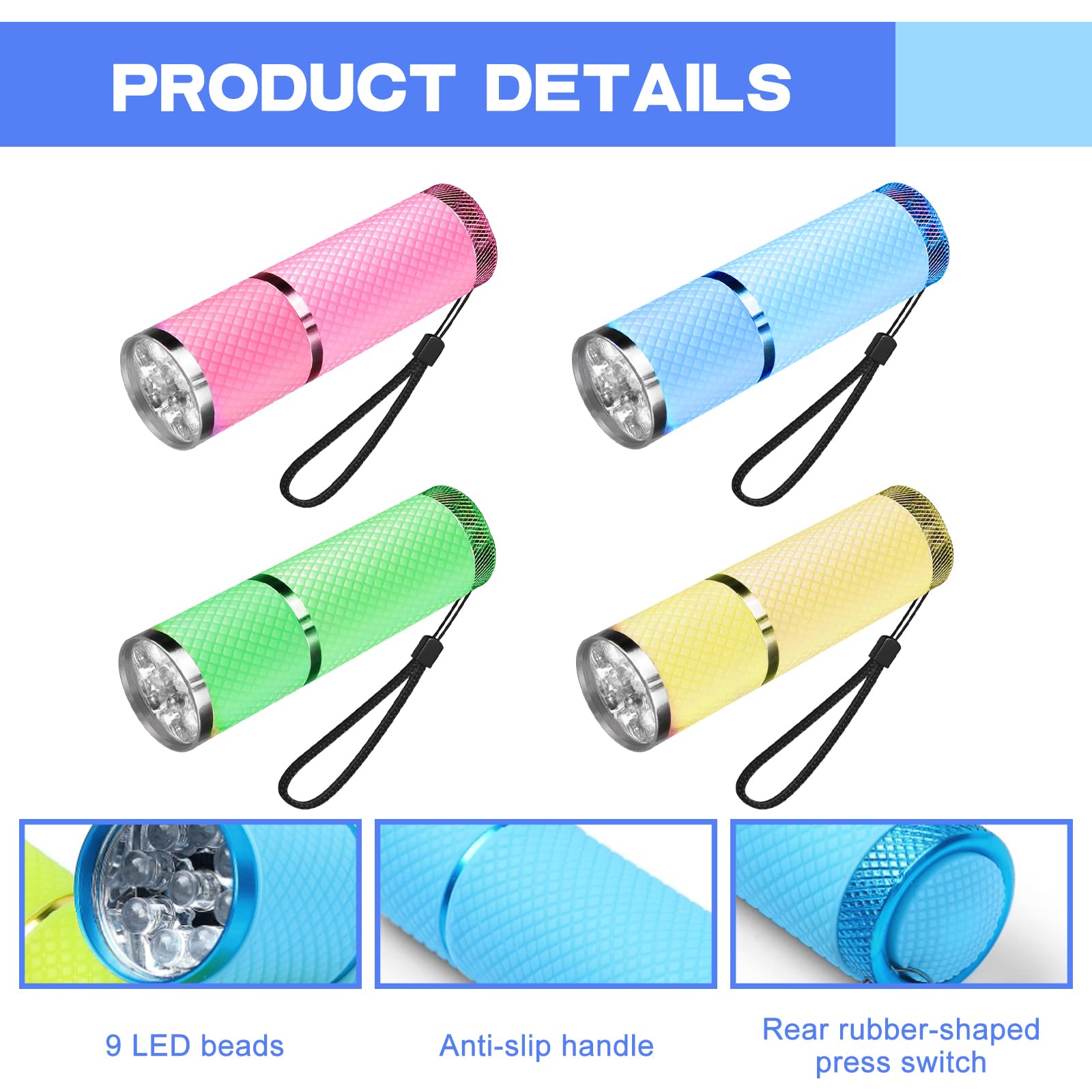 2 Mini Torce LED Portatili Per Bambini E Adulti, In Alluminio, Con Impugnatura In Gomma E Cordino, Perfette Per Campeggio Ed Emergenze (senza Batterie)