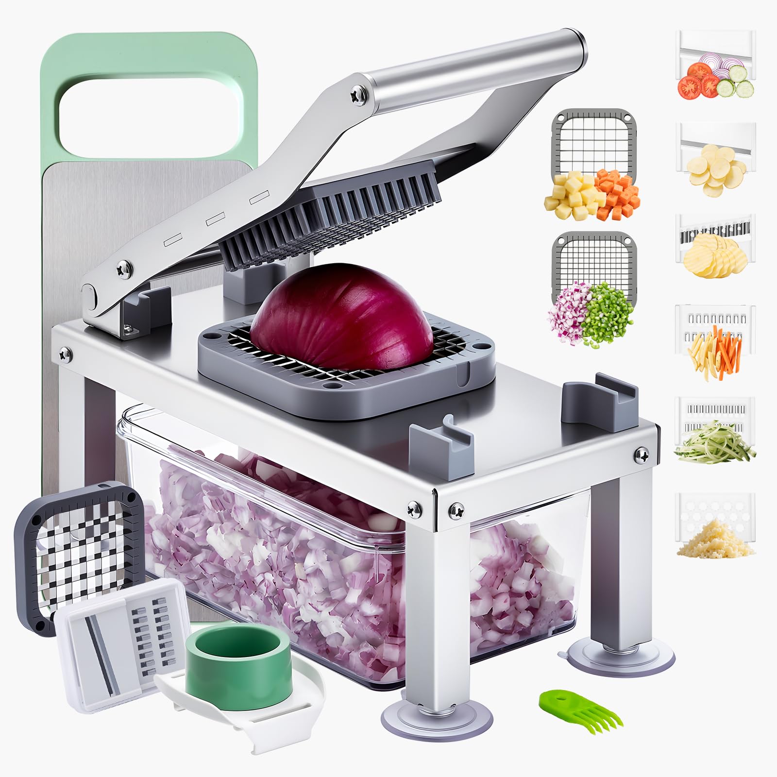VEVOR Mandoline Cuisine Hachoir à Légumes Coupe Légumes Tout-​en-​un avec 8 Lames en Acier Inoxydable et Récipient, Râpe à Fromage, Coupe Oignons et Pommes de Terre, Gadgets de Cuisine Hachage Rapide