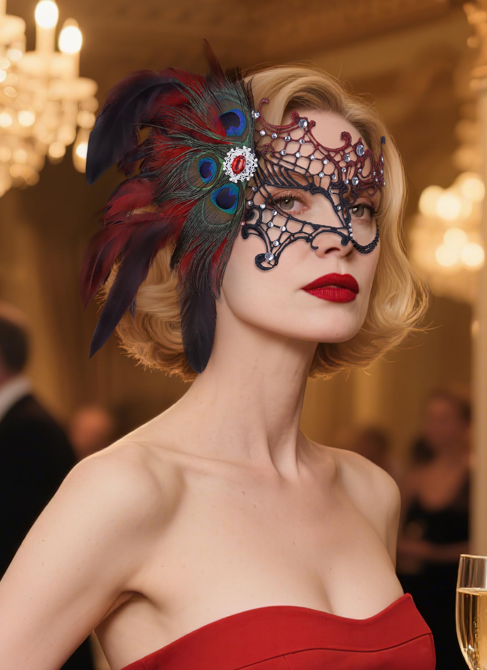 Zinniday Halloween Masquerade Masks for Women - 2026 Peacock Feather Lace Mask 1920s Venetian Eyemask for Party: Black Red