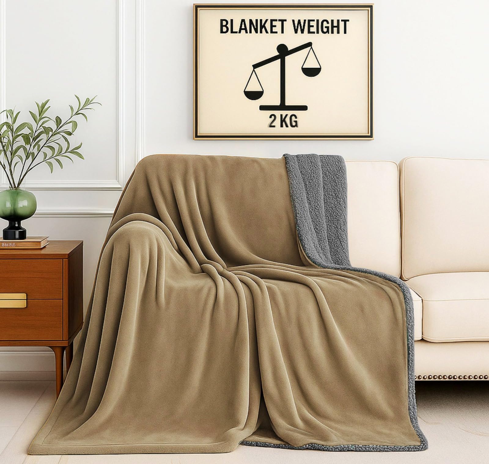 SANMARINO Premium Sherpa Blanket | 350 GSM, Ultra-Soft & Cozy Double Bed Blanket (223×220 cm, 2000 g) | Warm Winter Blanket for Bedroom (Olive & White, Double_2Kg)-image-49