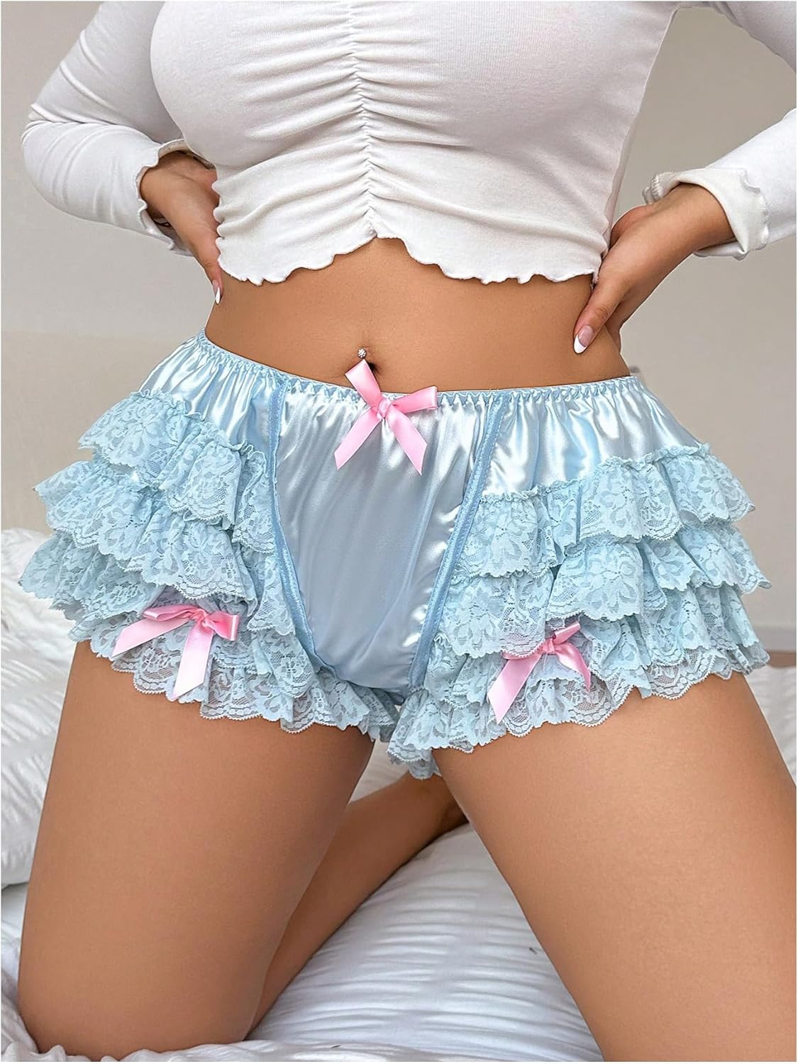 OYOANGLE Women's Plus Size Satin Underwear Lace Ruffle Boyshorts Mid Rise Frilly French Knicker Briefs Panties - Image 4