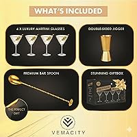 Vista 2 de VEMACITY - Juego de vasos de Martini de café expreso acanalado de 4 a 8 onzas con borde dorado con cuchara de bar y jigger - Para margaritas, cosmos