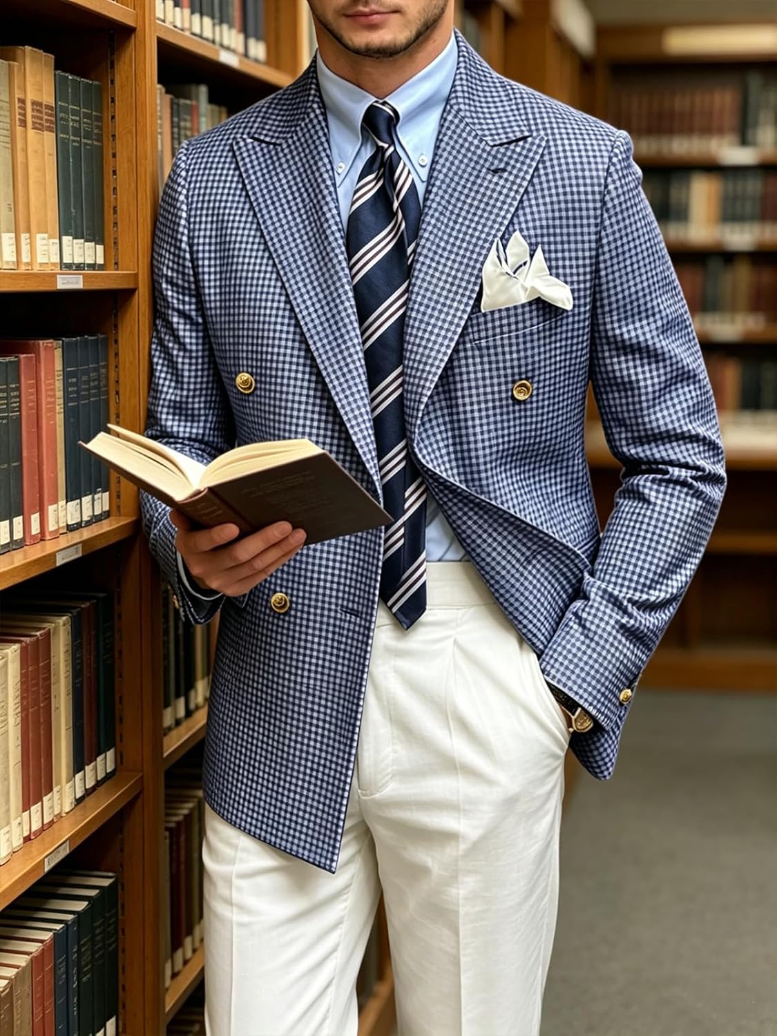 Men's Cotton Blazer Plaid Double Breasted Suit Jacket Lightweight Sports Coat with Metal Buttons & Pocket