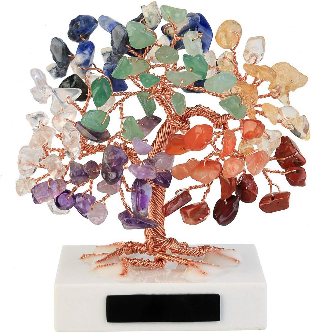 Jovivi 3.54"-4.7" Mini Natural 7 Chakra Healing Crystals Money Tree Tumbled Gemstones Bonsai Fortune Tree on Marble Base Feng Shui Ornaments for Good Luck, Wealth Home Office Decor Spiritual Gift