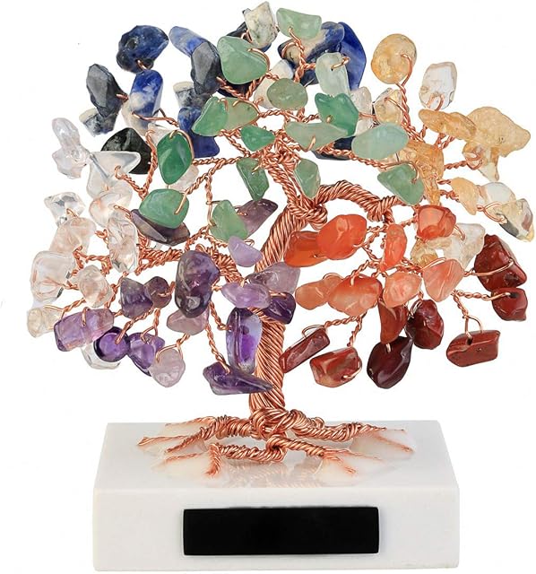 Jovivi 7 Chakra Healing Crystal Money Tree Feng Shui Ornaments Mini Natural Gemstone Tree Bonsai Fortune Figurines White Marble Stone Base for Wealth Luck Living Room Home Decoration