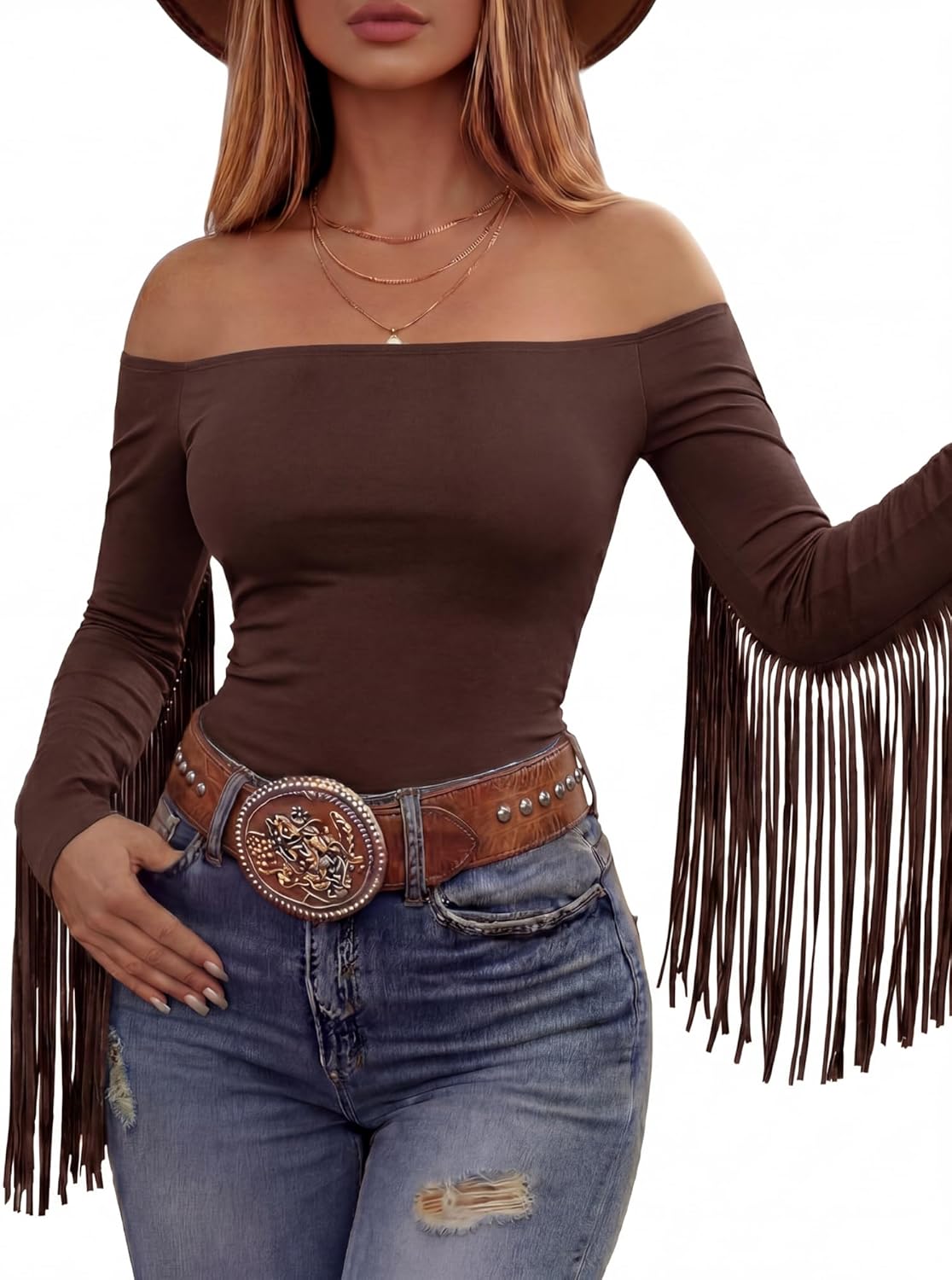 Women Fringe Top Western Off Shoulder Cowgirl Shirt Fitted Long Sleeve Tassels Top Country Concert Festival Outfit
