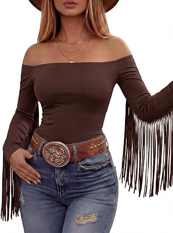 Women Fringe Top Western Off Shoulder Cowgirl Shirt Fitted Long Sleeve Tassels Top Country Concert Festival Outfit