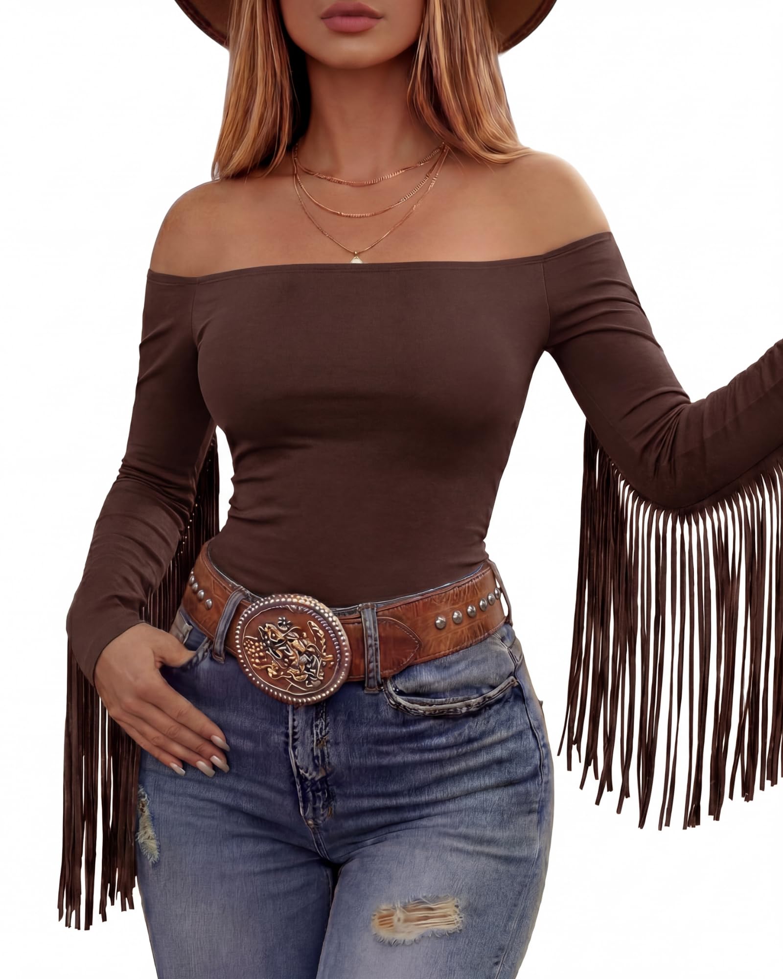 Funnysoft Women Fringe Top Western Off Shoulder Cowgirl Shirt Fitted Long Sleeve Tassels Top Country Concert Festival Outfit, Coffee, XXL