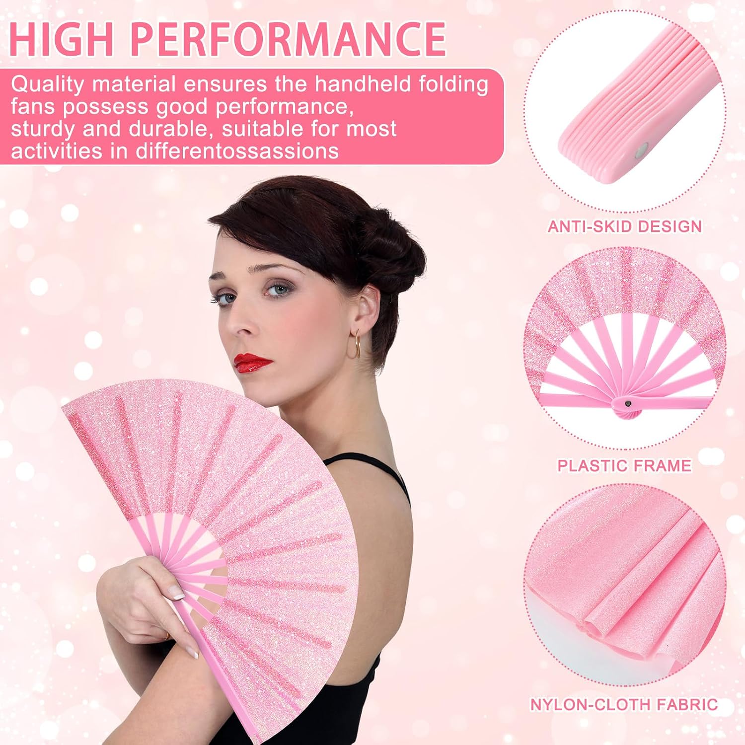 Blulu 4 Pcs 13 Inch Large Folding Hand Fans Bulk Giant Clapping Popping Rave Fans Foldable for Line Dancing Festival Party Decoration(Glitter Pink,Chic Style)