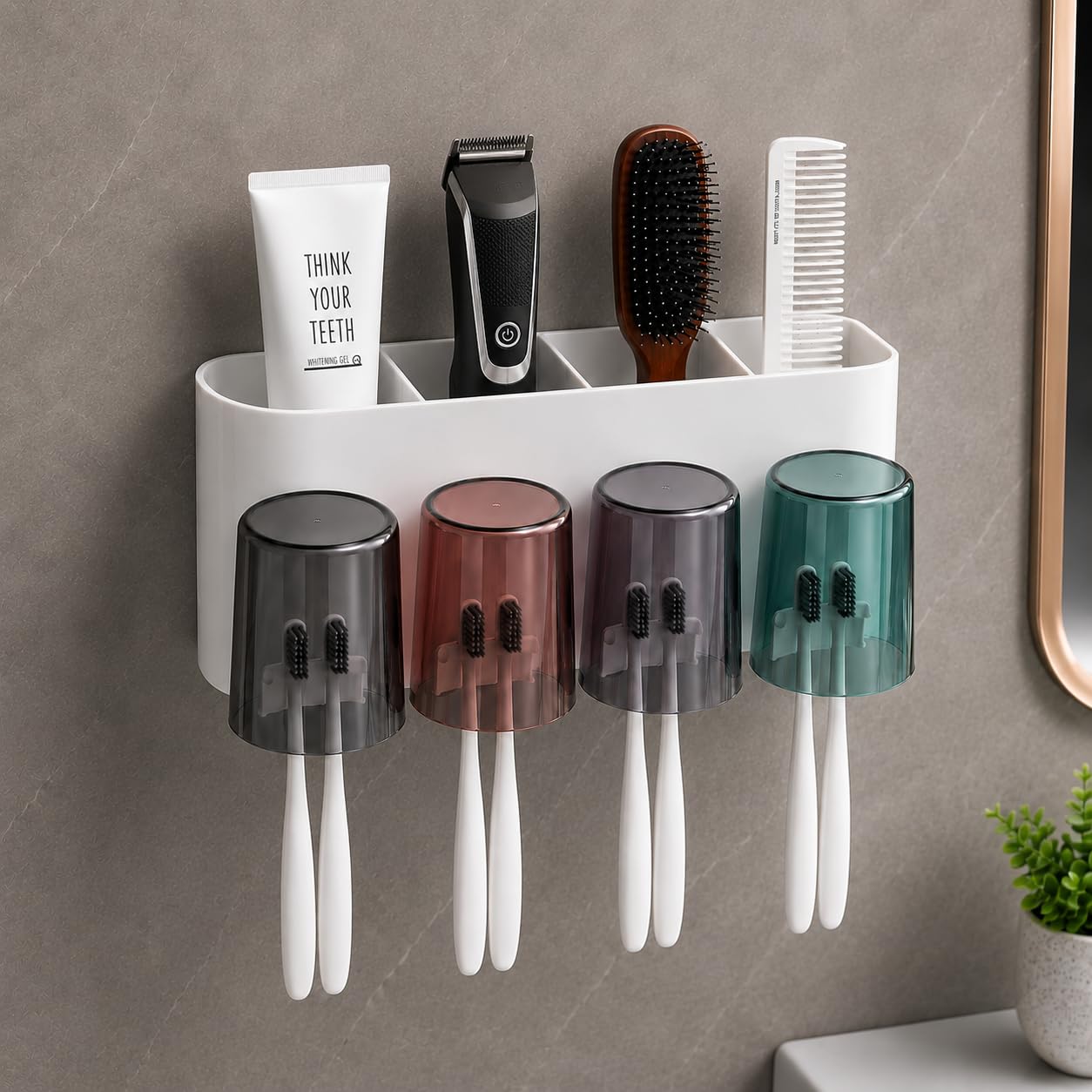 wall mounted toothbrush holder for bathroom, 4 cup toothbrush organizer | 4-cup family toothbrush organizer with toothpaste storage, multi-compartment bathroom holder & space-saving wall mount