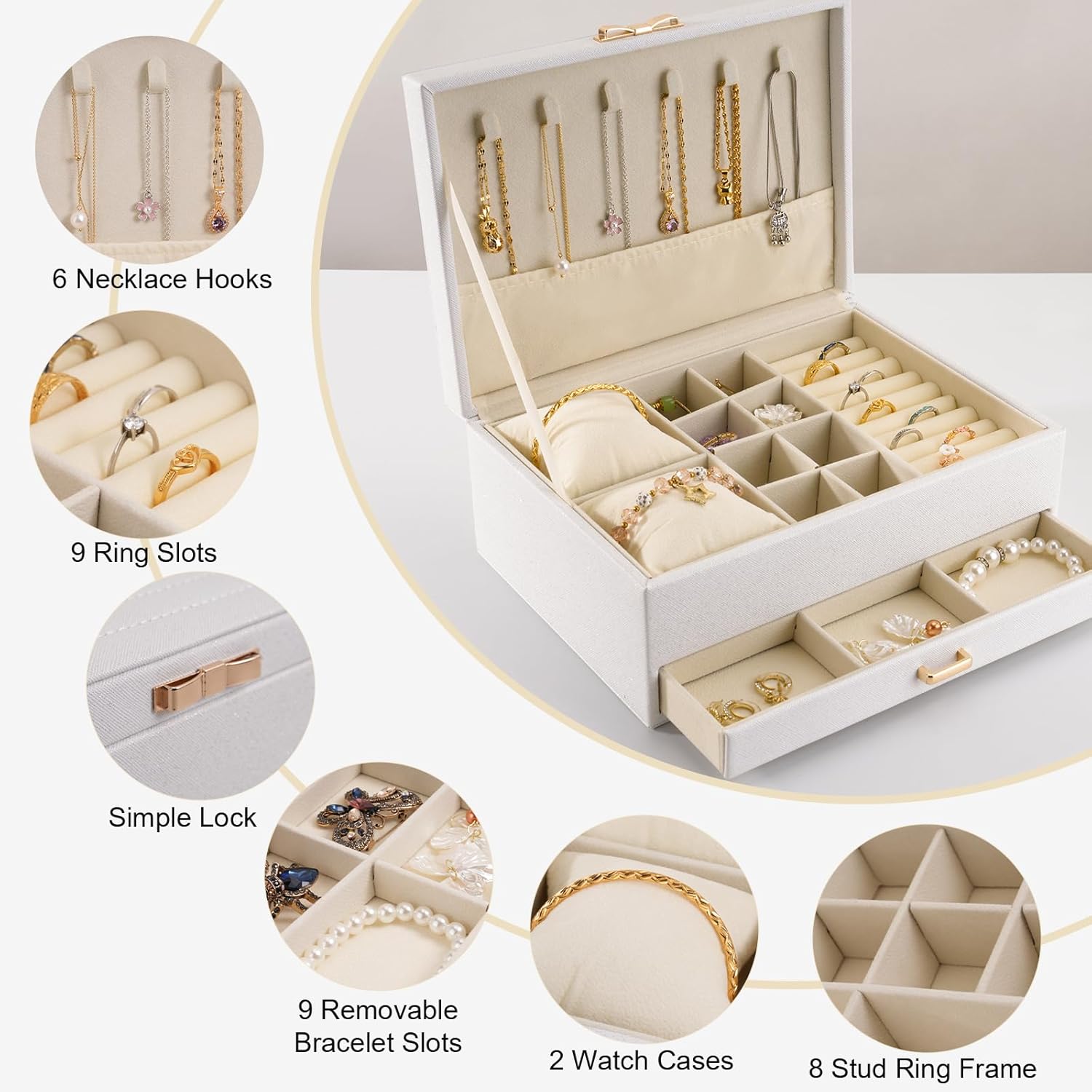 MOSISO Jewelry Box for Women, Large PU Leather Jewelry Organizer Drawer Storage Case with 2 Layers Display for Earrings Bracelets Rings Necklaces Watch Holder, White