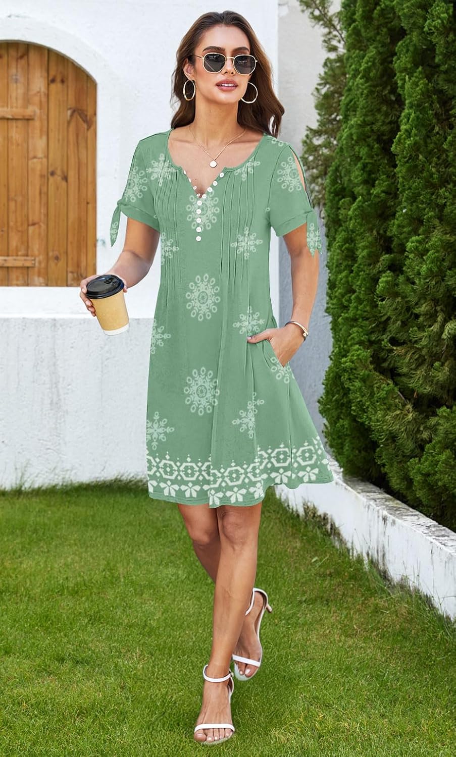 SAUKOLE Womens Summer Dresses Tie Knot Short Sleeve Sundress Casual Buttons V Neck Pleated Front Dress with Pockets - Image 4