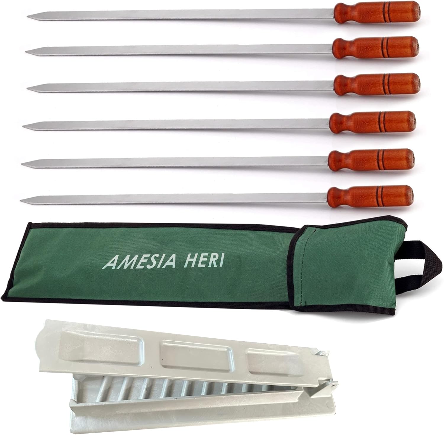Chef BBQ Kebab Skewer Set, Total 8 Pieces - 6 Pieces Kebab Skewers with Wooden Handle, 1 Piece Kebab Maker, 1 Piece Skewer Carrying Bag - Kabob Mold