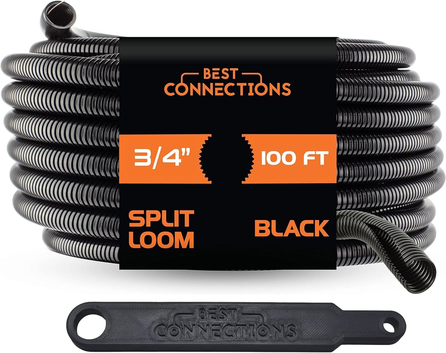 3/4" x 100 ft Split Wire Loom Flex-Guard Convoluted Tubing with Installation Tool - Protective Cable Sleeves for Automotive Home Electrical Wires Chemical Resistant Conduit Black