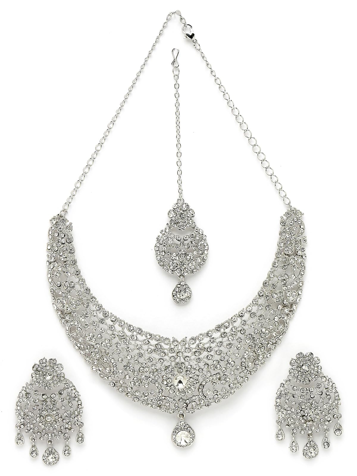 Sukkhi Iconic Rhodium Plated Silver AD White Stones Floral Collar Bone Necklace Set With Earring And Maangtika | Jewellery Set For Women (NS105610) (B0CBBBNCQY) Amazon Price History, Amazon Price Tracker