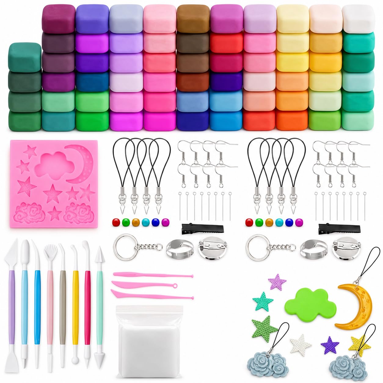 Eowppue Air Dry Ultra Light Magic Material – 64 Colours Modelling Set with Sculpting Tools, Storage Bags, Silicone Mould & DIY Keychain Accessories 175pcs