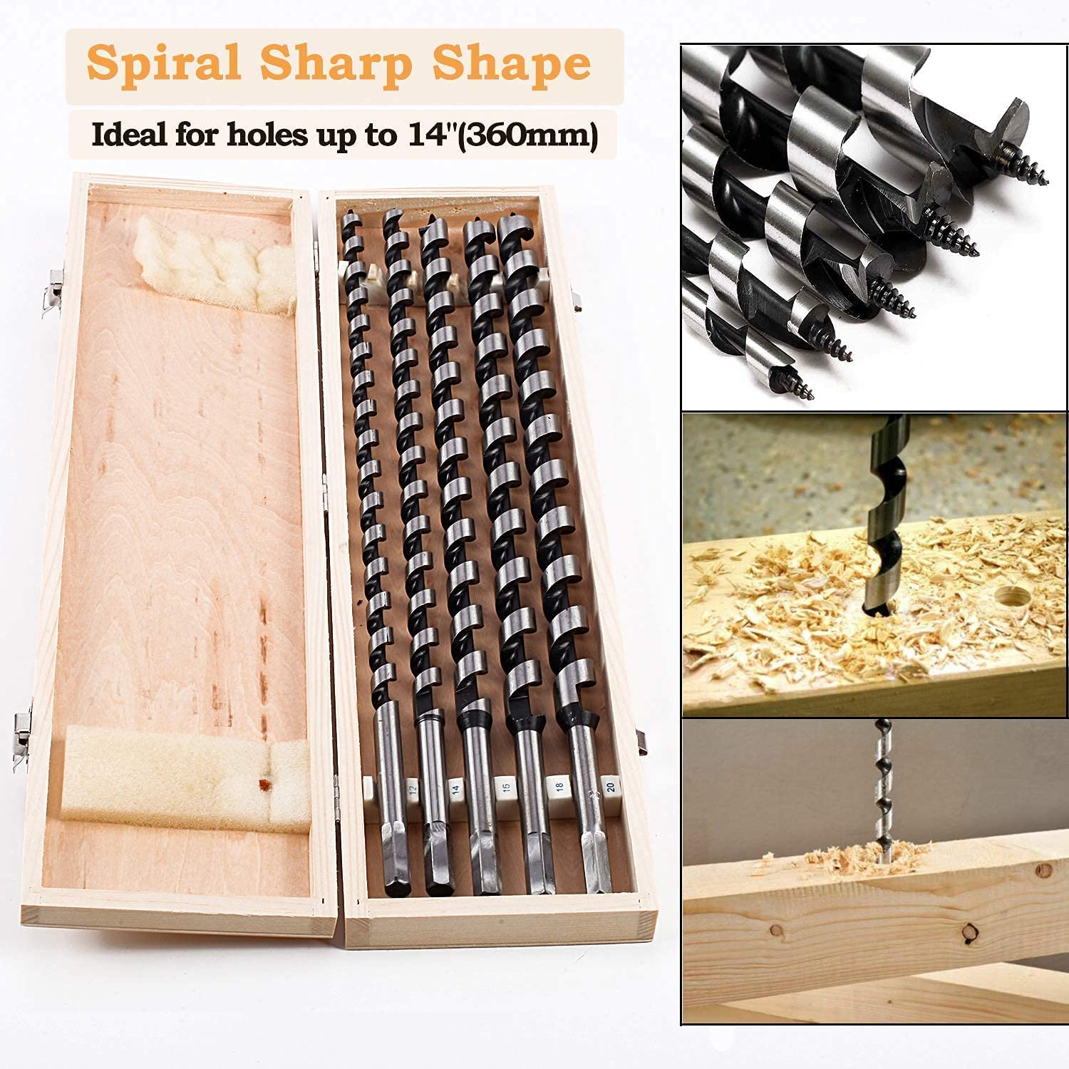 Juego de brocas para madera (460 mm, extralargas, 5 piezas, en caja de madera, taladros para madera, brocas de viga, brocas en espiral, 12 mm, 14 mm, 16 mm, 18 mm, 20 mm)