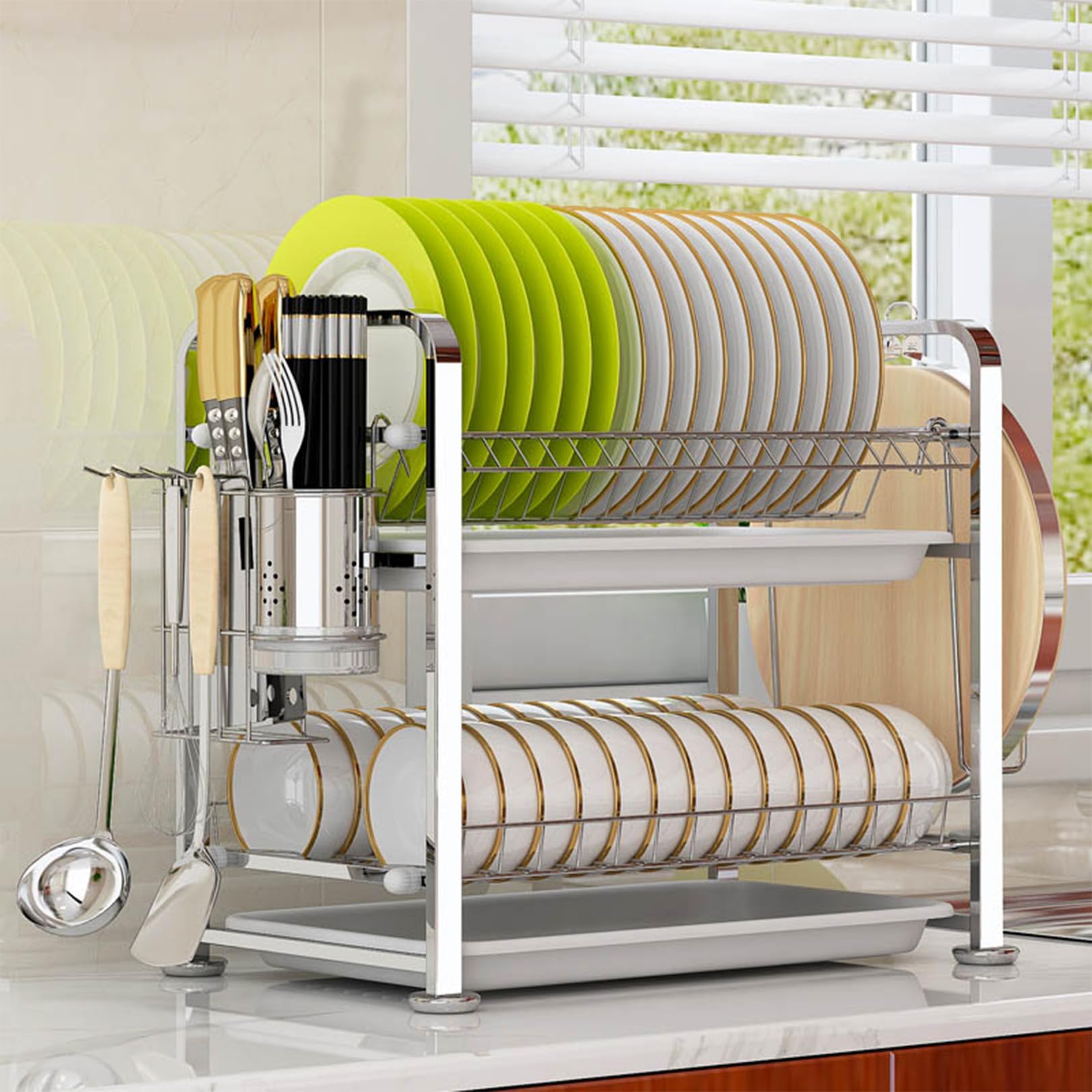 CAFIEDR 2-Tier Kitchen Dish Rack, Stainless Steel Dish Drainer With Utensil Holder Cutting Board Rack, Space-Saving Sink Drying Rack For Kitchen Counter Organizer,5577 Black.Silver