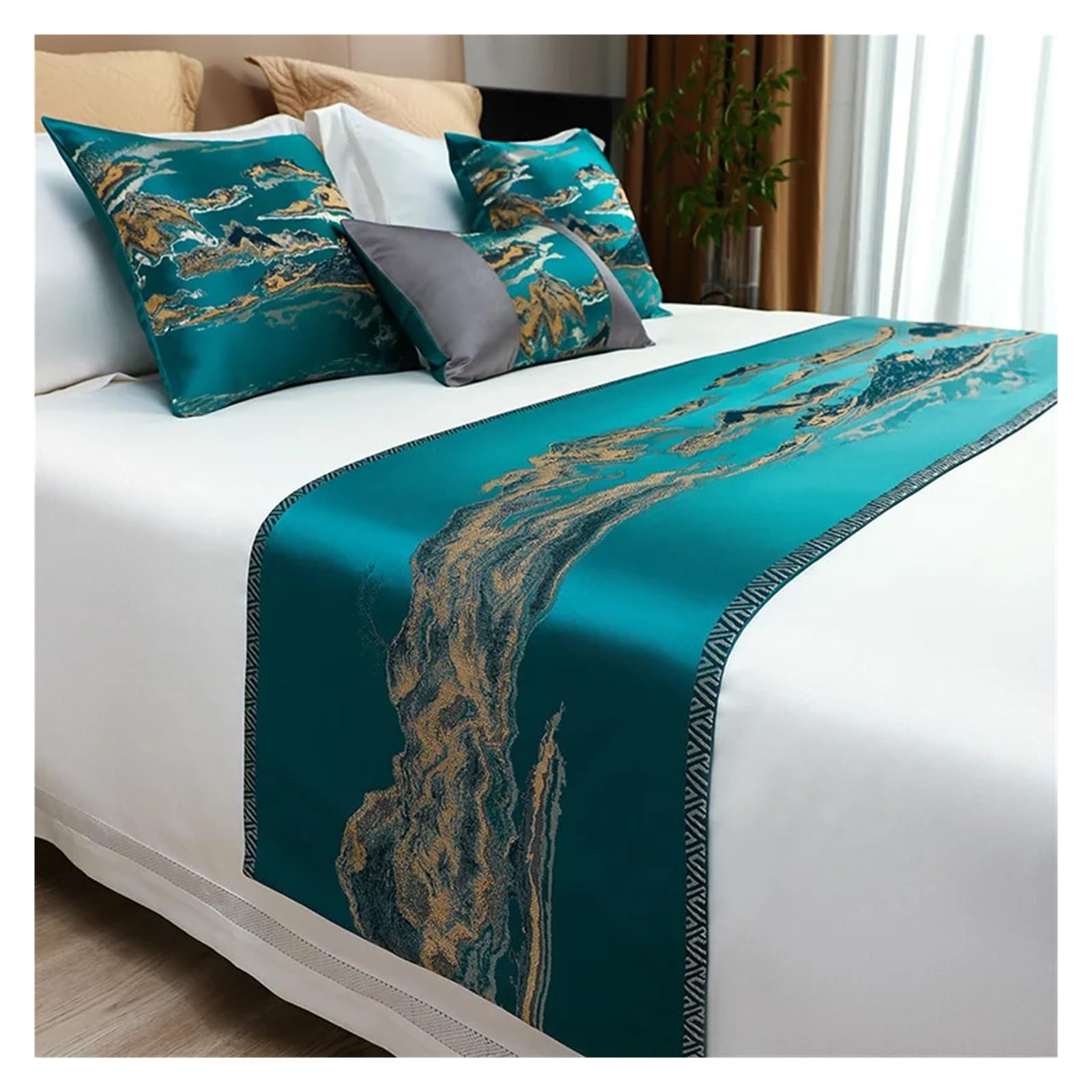 SHENJMAI Bed Runner Landscape Printed Bed Flag Hotel Decor for Home Parlor Wedding Bedding Pillowcase(Green,45x240cm runner X1)