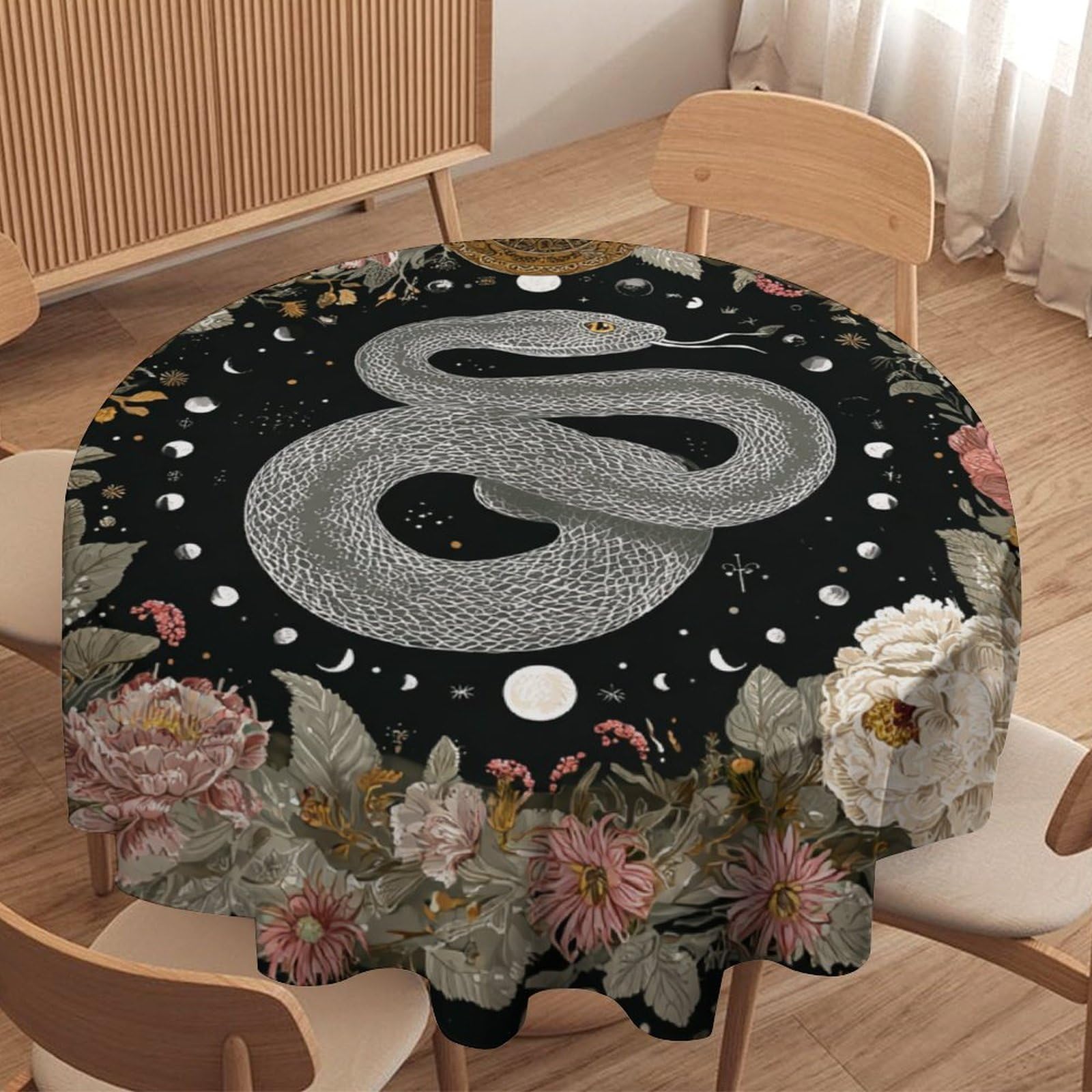 LUYYSKY Vintage Colorful Boho Snake Waterproof Round Tablecloth Retro Watercolor Moon Phase Plant Flowers Animal Snake Print Washable Table Cover for Kitchen-127 Wx127 L cm