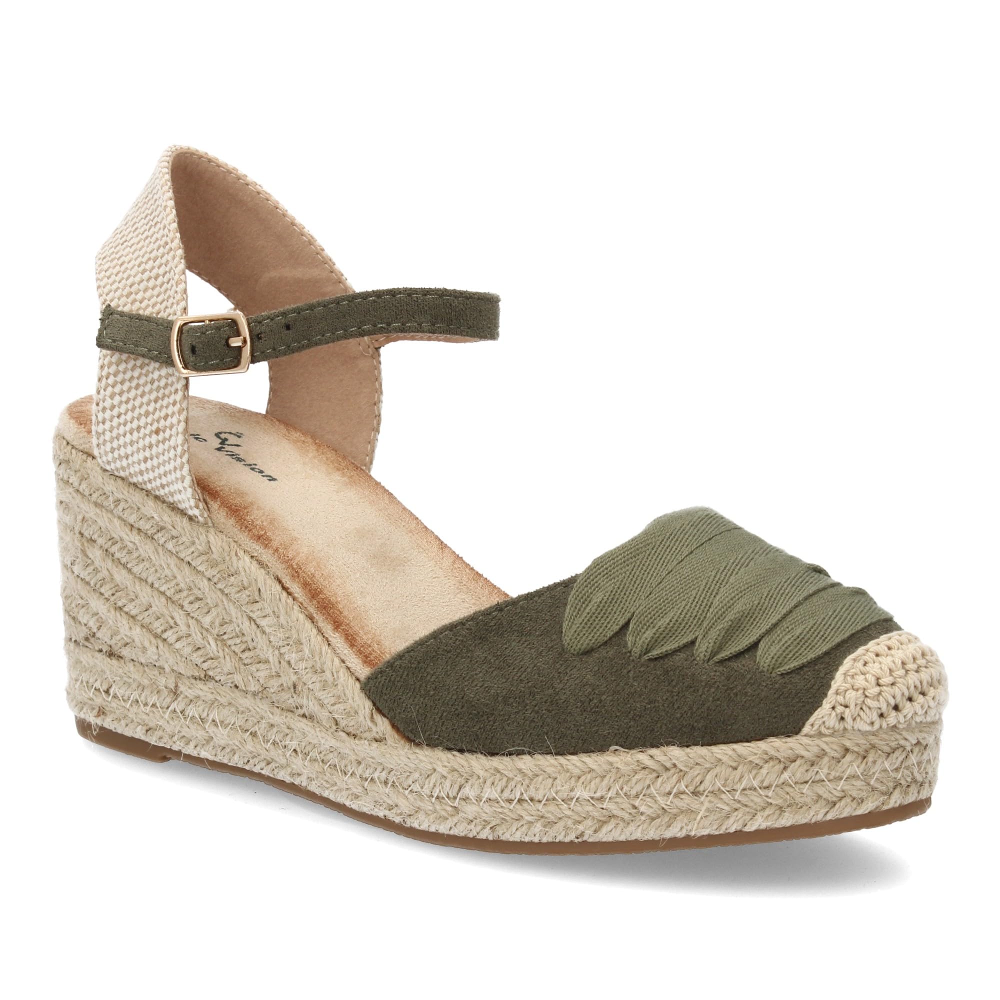 shoes&blues.es Alpargata de Mujer con Cuna Forrada de Yute, Comoda y Ligera. Diseno Cerrado en la Parte Delantera con Adorno de Cintas a Tono. Cierre de Hebillas Ajustable, Ideal Verano.