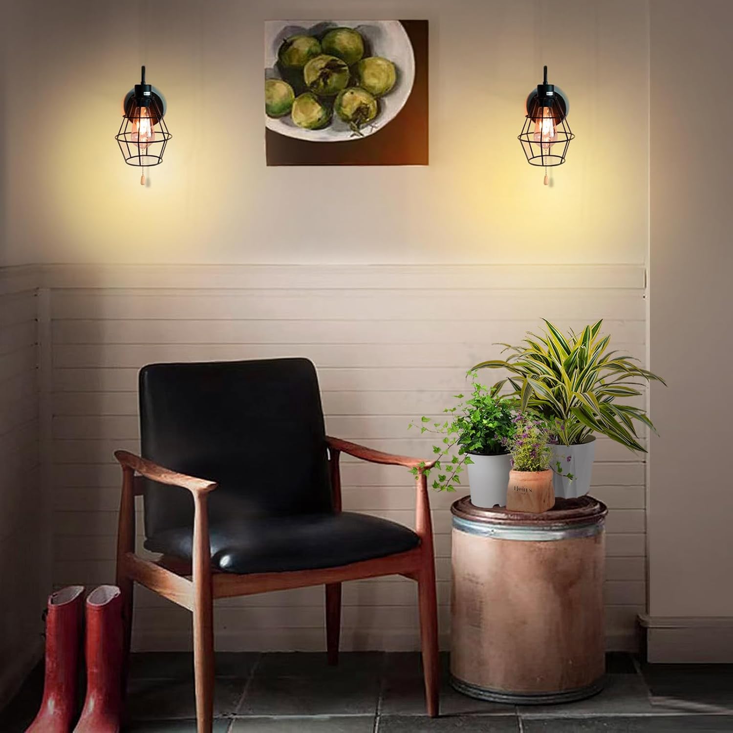 Pull Chain Wall Sconce Wire Cage Wall Light Fixtures with On Off Switch E26 Hardwired Black Metal Farmhouse Vintage Wall Lighting Indoor for Bedroom Living Room Kitchen (1-Light, No Bulb)