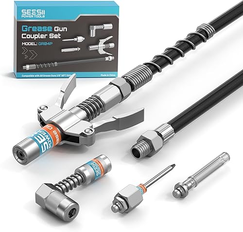 Seesii Grease Gun Accessory Kit, Includes Quick-Release Coupler, 90 Degree Grease Gun Coupler Adapter, 12 Inch Flexible Hose, 2 Grease Needle Tips for Easy Greasing Narrow, Tight & Deep Spaces, GR04P