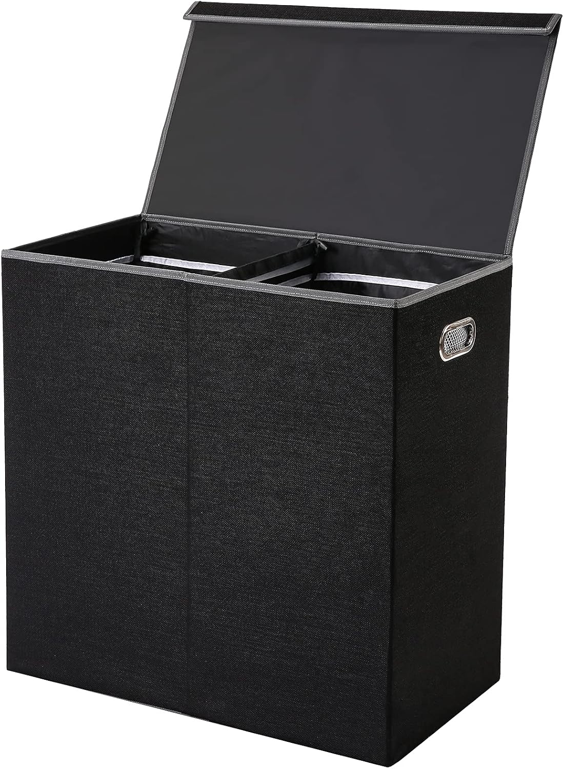 SUPERJARE Double Laundry Hamper with Removable Liner Bags & Magnetic Lid, 150L Collapsible Clothes Basket, Built-in Handles for Easy Carrying, 2 Dividers, Linen Black