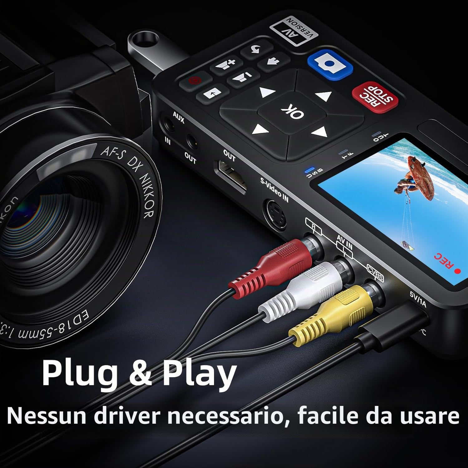 Convertitore portatile da VHS a digitale con telecomando, video a registratore digitale autonomo per registrazione di nastri VHS, VCR, DVR, DVD, Hi8, lettore DV, RCA, CVBS, TV Box, videocamera
