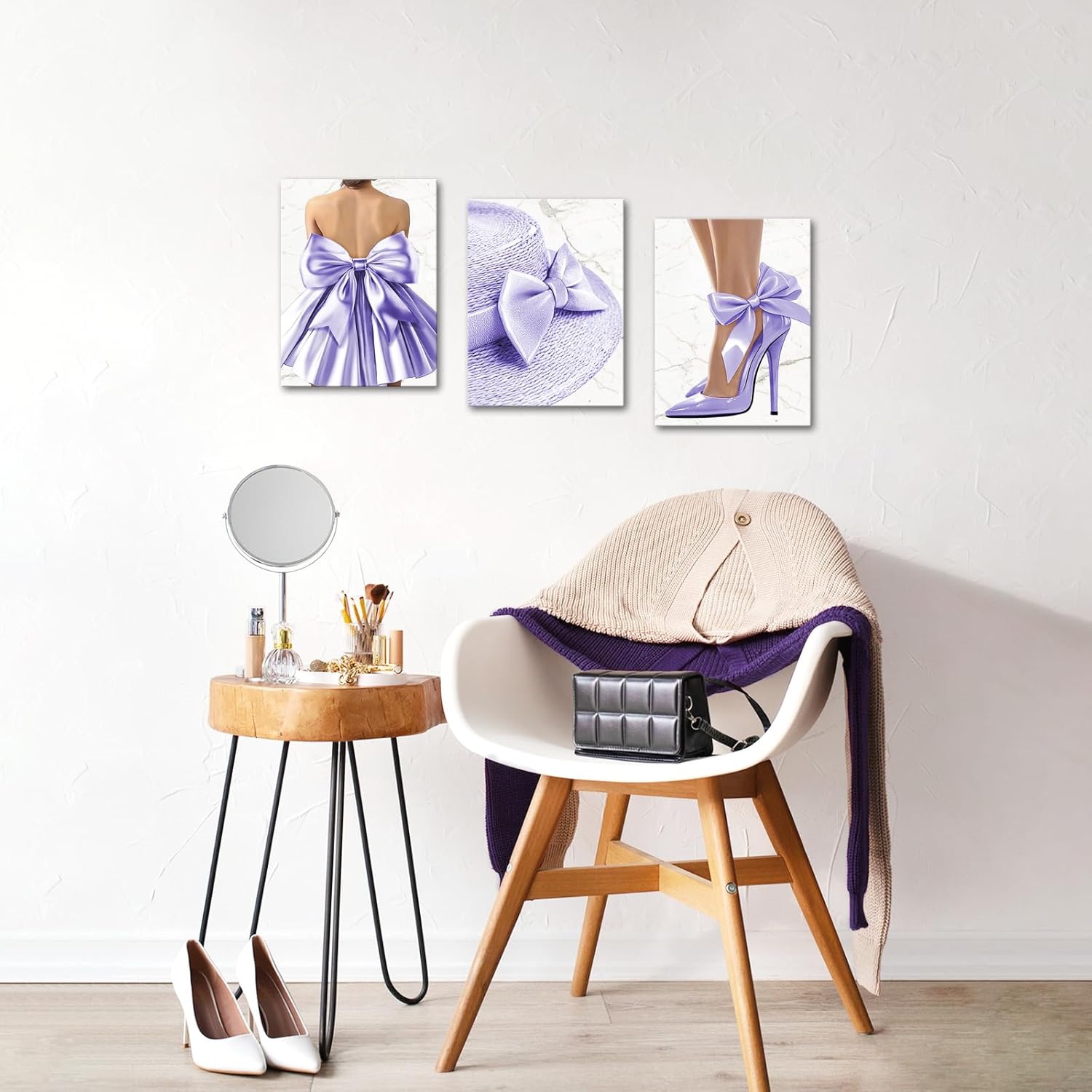 Visual Art Decor Bow Wall Art Bow Painting Picture Girls Bedroom Wall Decor Framed Ready to Hang 12x16inchx3Pieces (Purple)