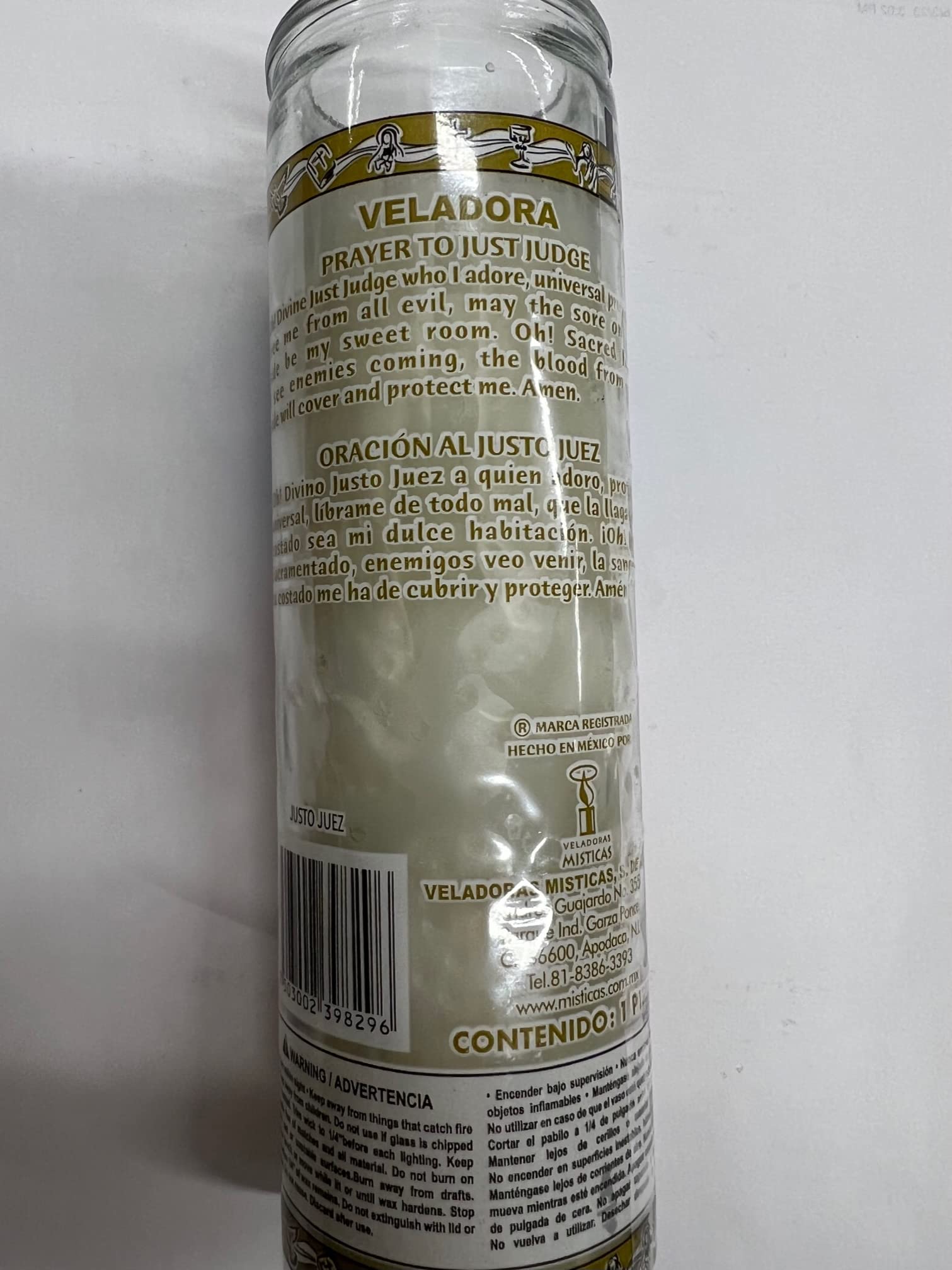 Just Judge (Justo Juez) Unscented White Pillar Candle in Glass