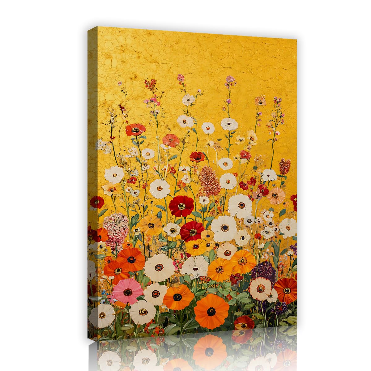 Via Vela Framed Canvas Prints Vintage Yellow Background Botanical Flower Painting Modern Country Wildflower Meadow Artwork Picture For Kitchen Dining Room Wall Decor 70x110cm