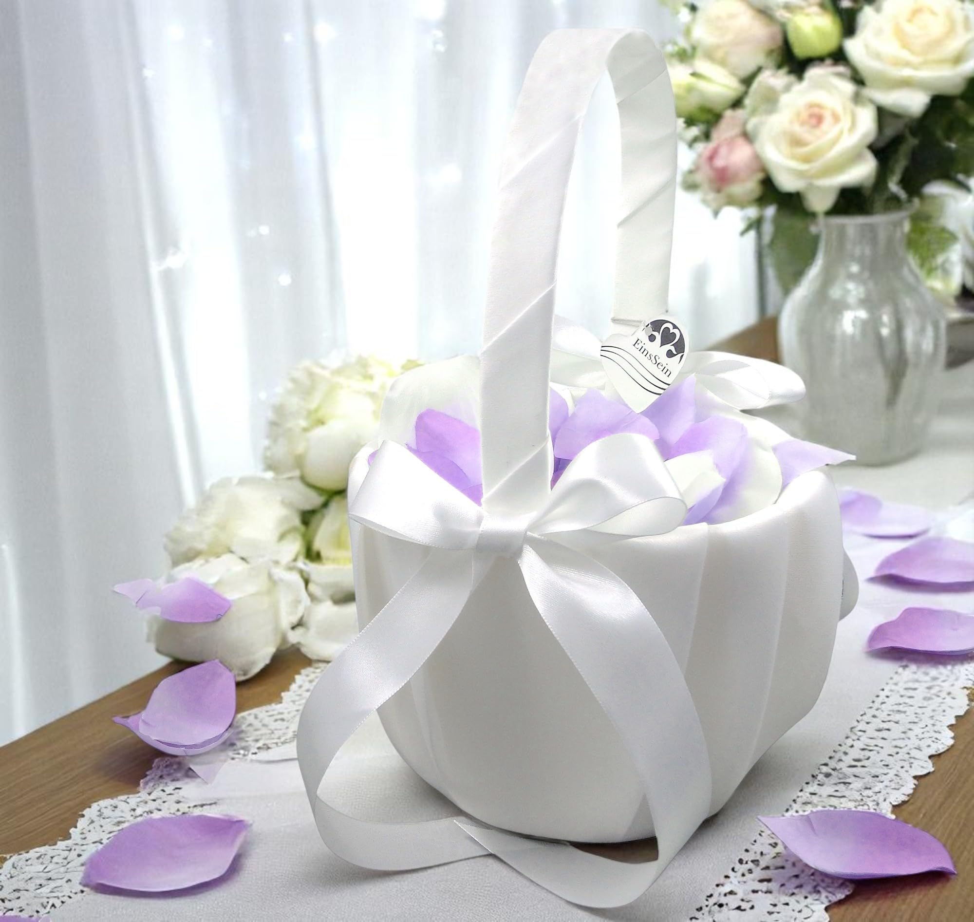 EinsSein 2x Cestino Matrimonio Set Julia Bianco 16x24x17 cm | Cesti in Vimini con Manico Rivestiti in Raso per Petali Fiori Confetti Damigella | Cerimonia Nuziale Sposa Decorazione Cuore